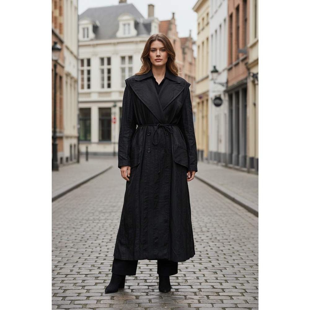 ANN DEMEULEMEESTER S Black Linen Blend Striped Layered Double Breasted Trench - Picture 2 of 10
